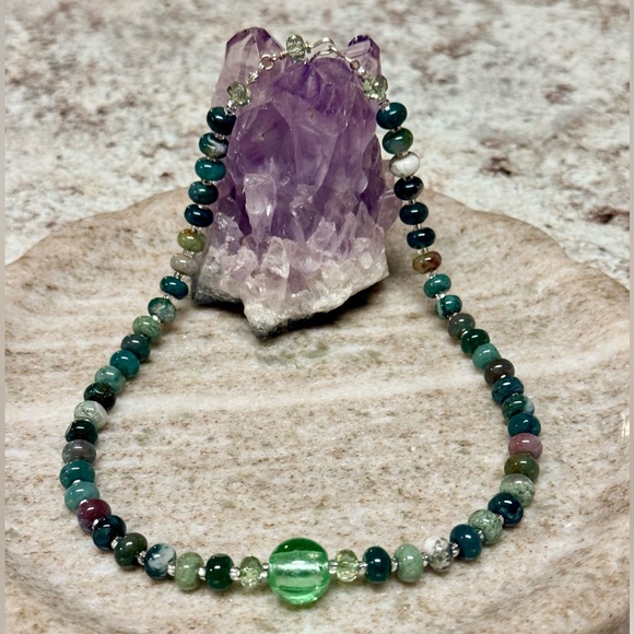 Artisan Jewelry - Genuine Indian Agate Gemstone Sterling Silver Necklace